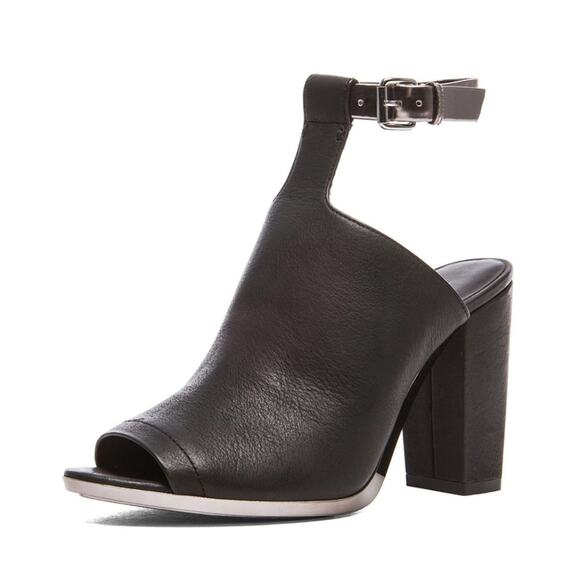 3.1 Phillip Lim Vincent Leather Mule Black Silver Peep Toe Ankle Strap 40 EUC - Picture 1 of 11